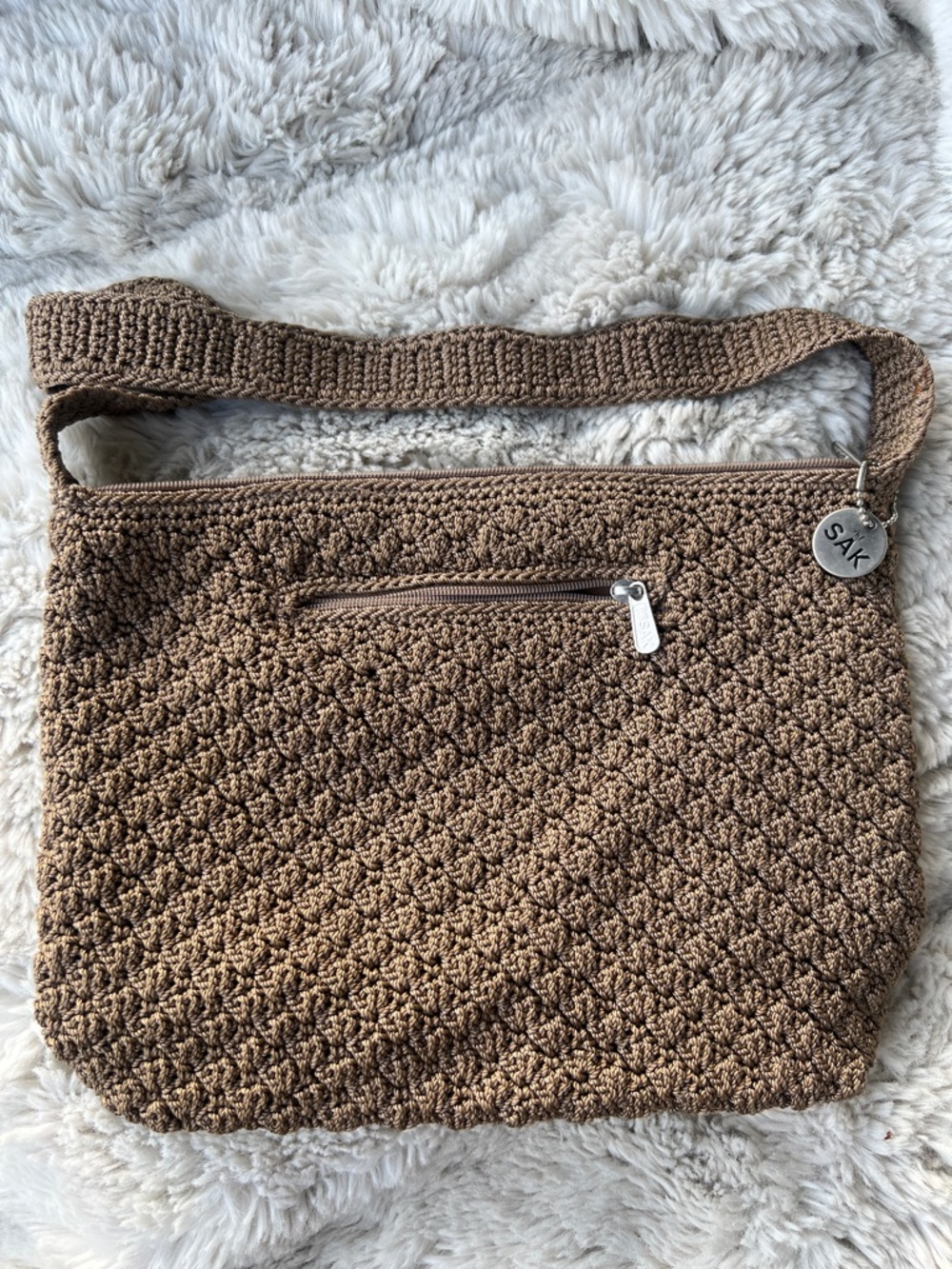 The Sak Tan Crochet Crossbody Bag with Zip Pocket